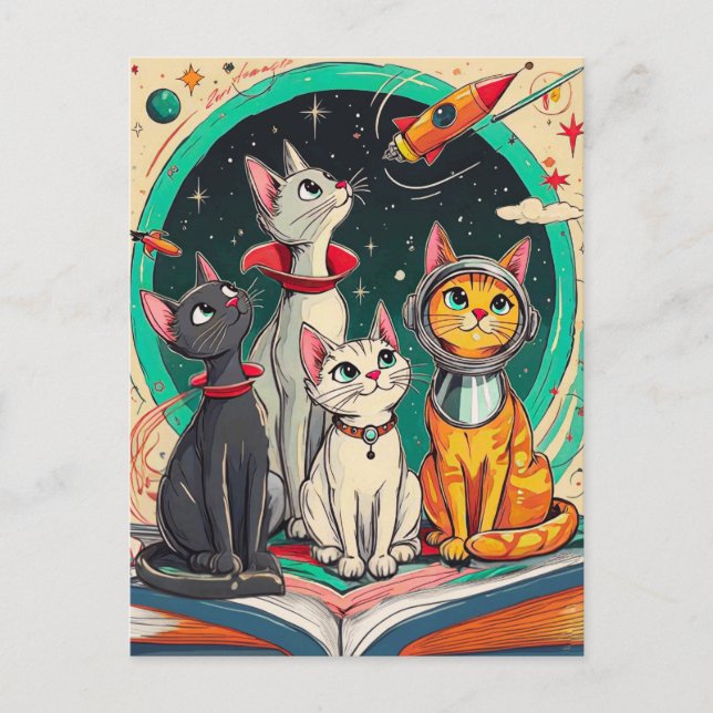 Läser Öppnar en gateway till Cosmic Cat Äventyr Vykort (Framsida)