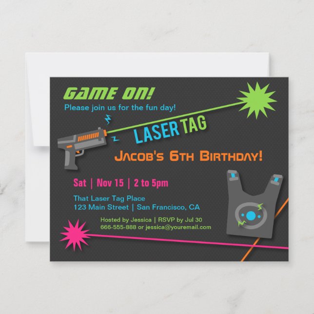 Laser Tag Födelsedagsfest Inbjudan Game On (Framsida)