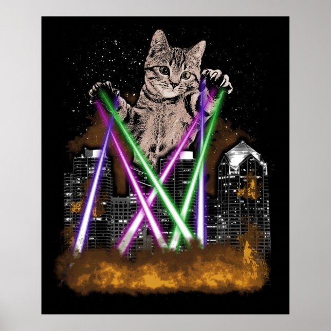 Laserkatt ödelägger stad med Tass Cute Adsible K Poster (Framsidan)