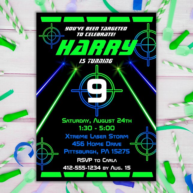 LaserMärkre Neon Grönt och Blue Beams Födelsedagsf Inbjudningar (Skapare uppladdad)