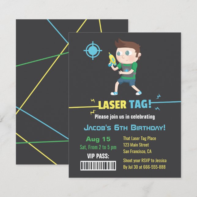 LaserMärkre VIP Pass Boys Födelsedagsfest inbjudan (Fram/baksida)