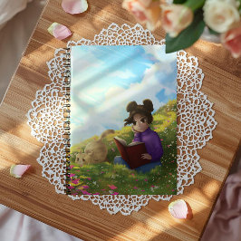 Läsflickan och den bärbara datorn med bored Cat Anteckningsbok