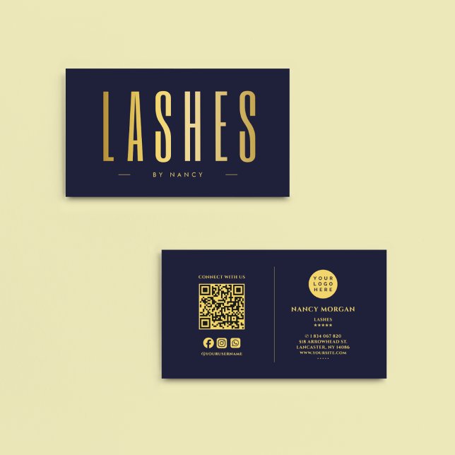 Lash Artist QR Code & Logotyp Navy and Guld Visitkort (Skapare uppladdad)