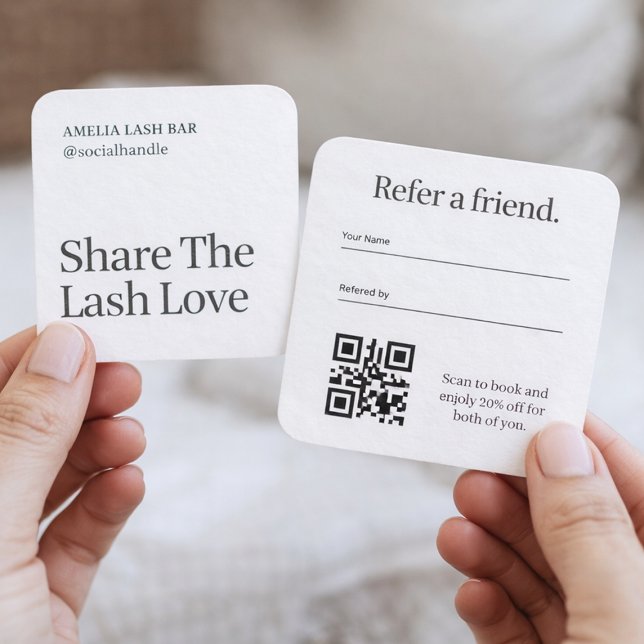 Lash Bar Klient Refferal QR Kod Kort (Minimalist lash artist referral card with QR code)
