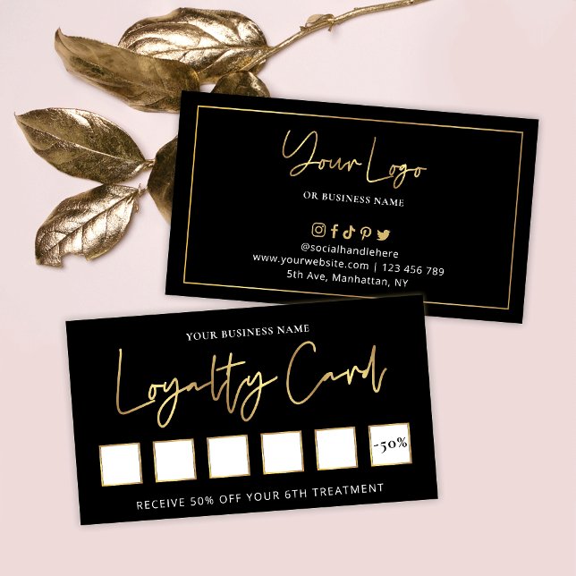 Lash Beauty Salon Black & Guld Logotyp Chic Custom Lojalitetskort (Skapare uppladdad)