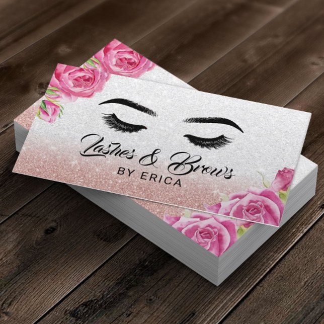 Lash & Brows Makeup Artist Silver Glitter Blommigt Visitkort (Skapare uppladdad)