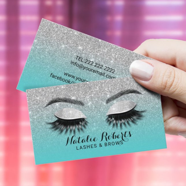 Lash Brows Makeup Artist Teal & Silver Glitter Visitkort (Skapare uppladdad)