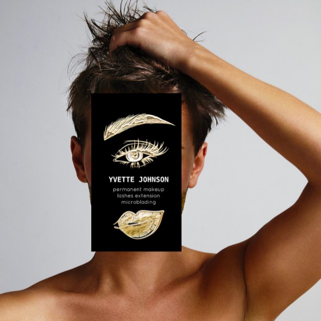 Lash Brows Permanent Makeup-Logotyp QRCode Black G Visitkort (Lash Brows Permanent Makeup Logo QRCode Black Gold Business Card)