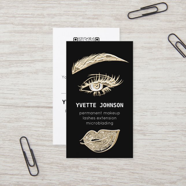 Lash Brows Permanent Makeup-Logotyp QRCode Black Visitkort (Fram/Back In Situ)
