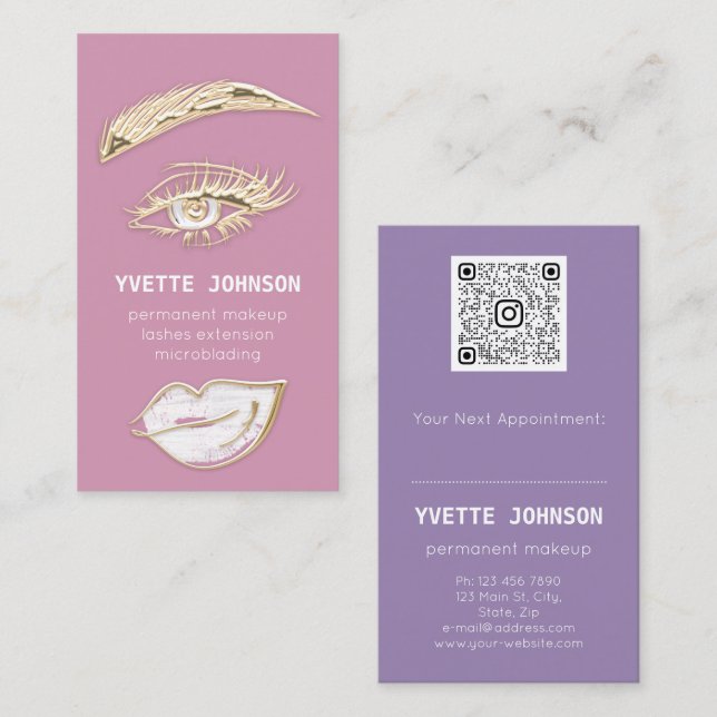 Lash Brows Permanent Makeup-Logotyp QRCode Lip Ros Visitkort (Fram/baksida)