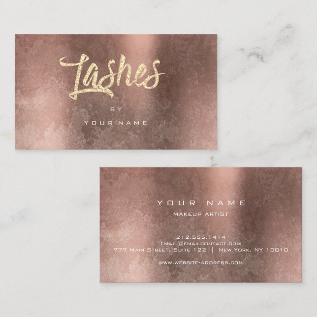 Lash Copper Grungy Faux Glitter Typograph Makeup Visitkort (Fram/baksida)