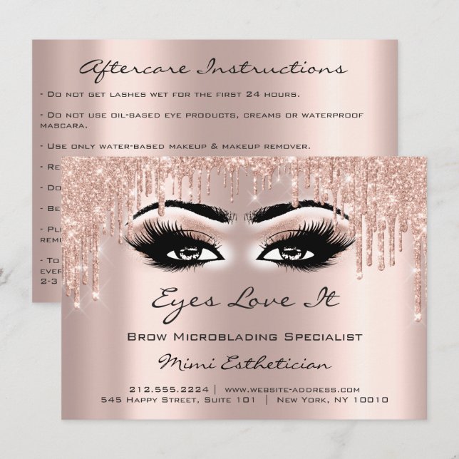 Lash Extension Efterhand Instruktion Öga Glitter Inbjudningar (Fram/baksida)
