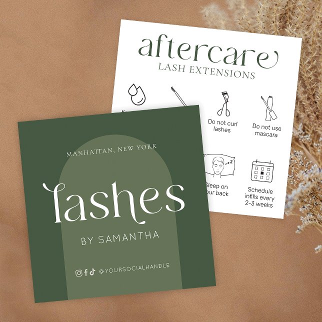 Lash Extensions Efterbehandling Modern Boho Sage G Fyrkantigt Visitkort (Lash extensions after care cards in boho sage green with care icons & trendy fonts)