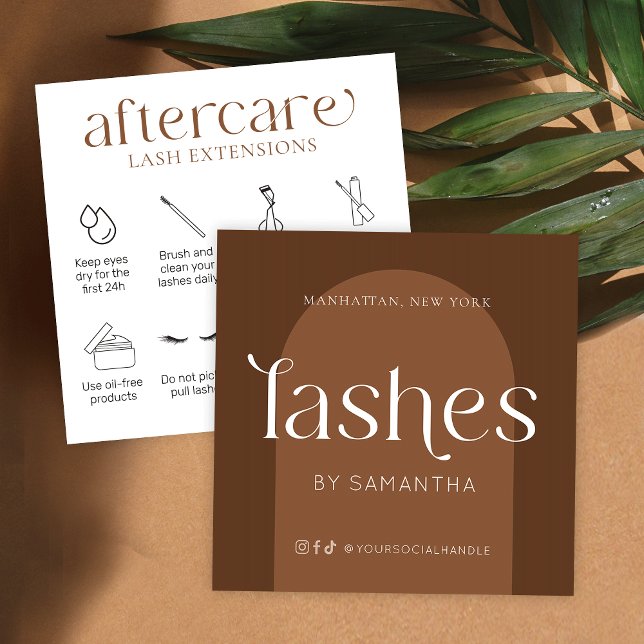 Lash Extensions Efterhand Modern Boho Terracotta Fyrkantigt Visitkort (Modern boho lash extensions after care cards featuring trendy fonts and lash care icons)