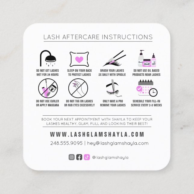 Lash Extensions Efterhandsinstruktioner Fuchsia Sq Fyrkantigt Visitkort (Baksida)