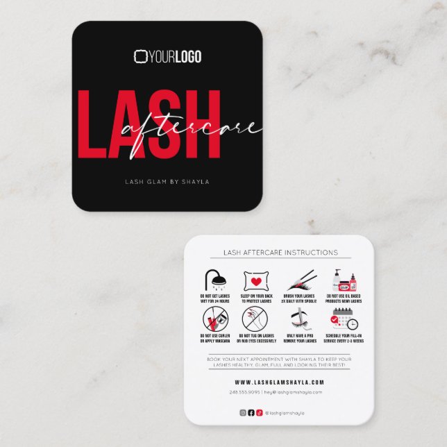 Lash Extensions Efterhandsinstruktioner Fyrkantigt Visitkort (Fram/baksida)