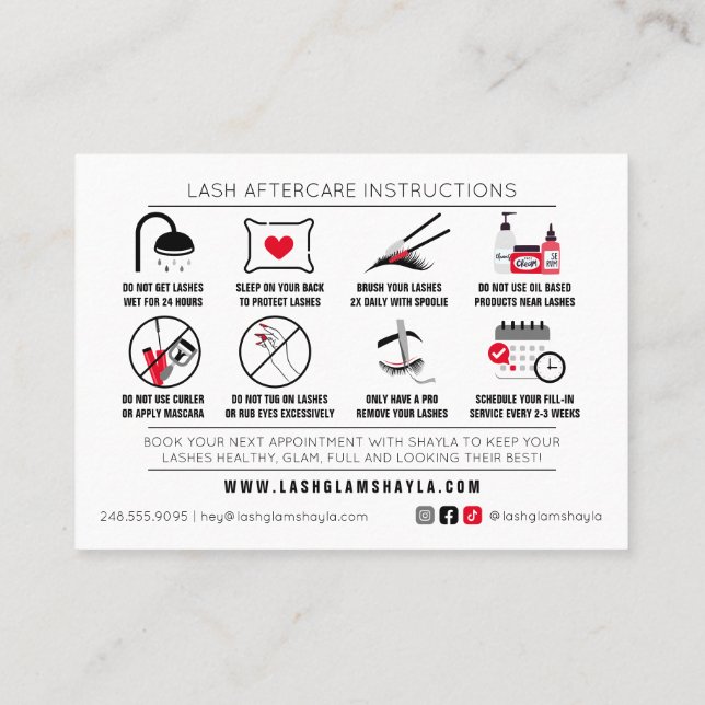 Lash Extensions Efterhandsinstruktioner Möte Visitkort (Baksida)