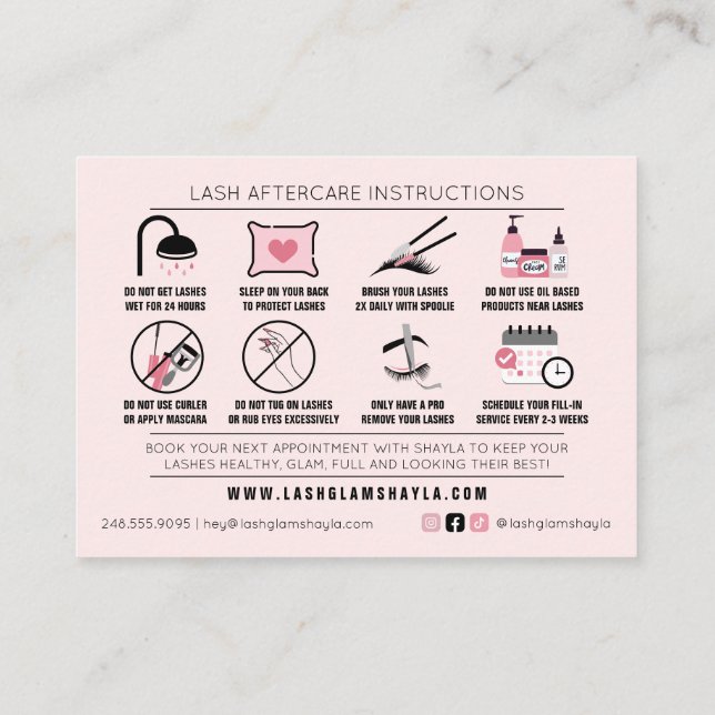Lash Extensions Efterhandsinstruktioner Möte Visitkort (Baksida)