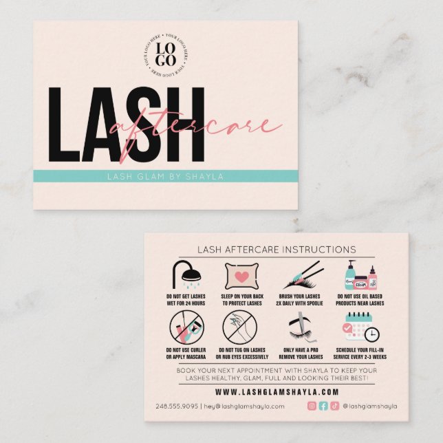 Lash Extensions Eftervård Instruction Care Cards Visitkort (Fram/baksida)