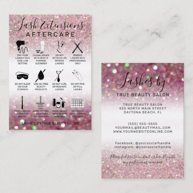 Lash Extensions för ro Rosa Glitter Efterbehandlin Visitkort (Fram/baksida)