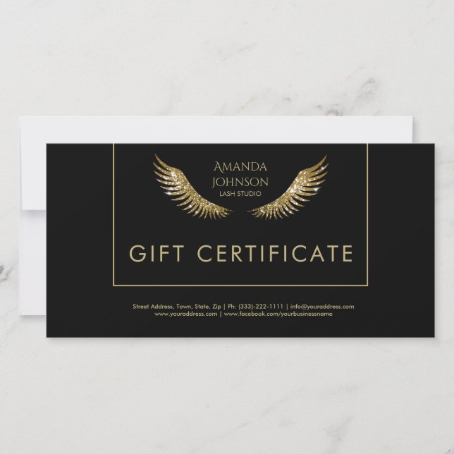 Lash Gift Certificate White Guld Vingar Black Tack Kort (Framsida)