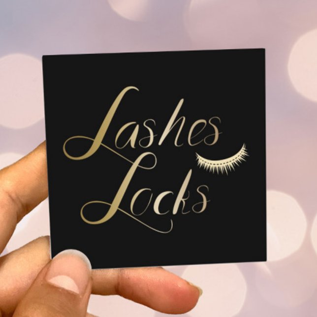 Lash & Lockar Modern Black & Guld Makeup Artist Fyrkantigt Visitkort (Skapare uppladdad)