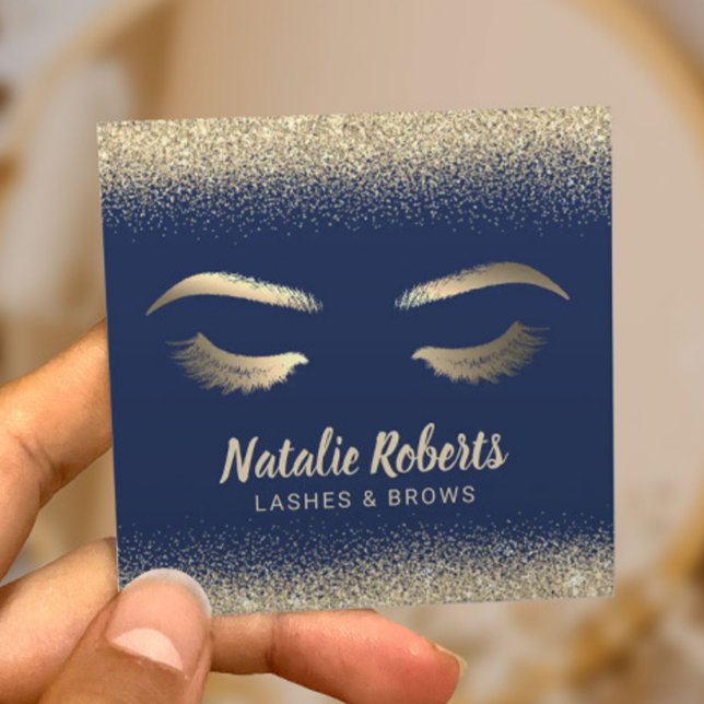Lash Makeup Artist Guld Confetti Navy Blue Salon Fyrkantigt Visitkort (Skapare uppladdad)