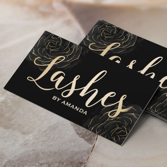 Lash Makeup Artist Modern Black & Guld Blommigt Visitkort (Skapare uppladdad)