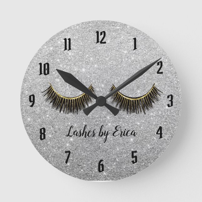 Lash Makeup Artist Modern Silver Glitter Rund Klocka (Framsida)