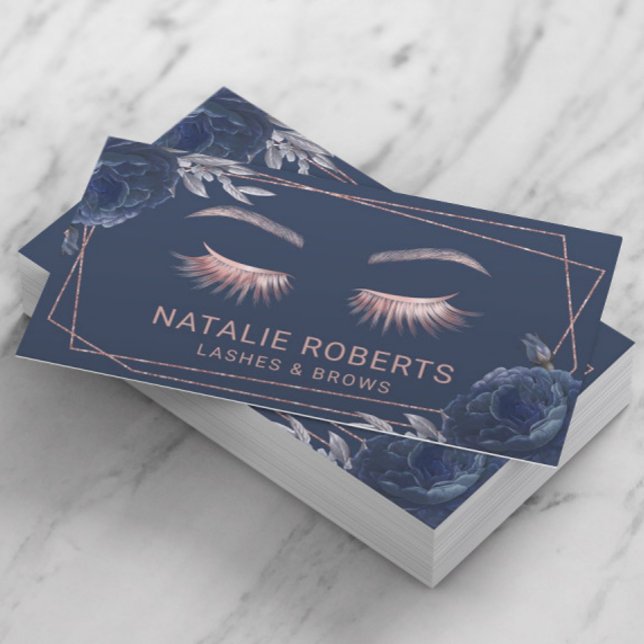 Lash Makeup Artist Navy Blommigt Geometric Salon Visitkort (Skapare uppladdad)