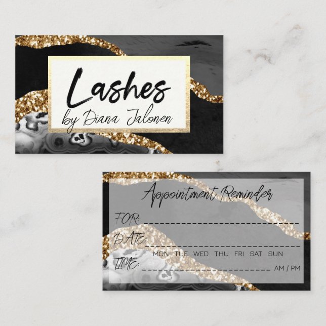 Lash Möte Reminder Guld Black Marble Visitkort (Fram/baksida)