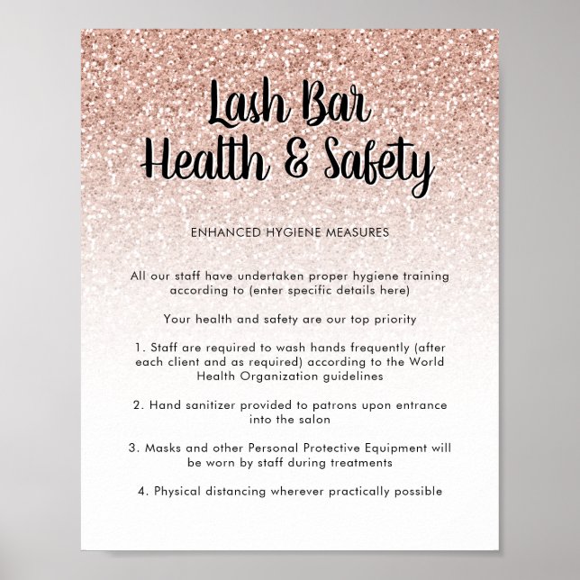 Lash Pub Health Safety Poster Rosa Peach Glitter (Framsidan)