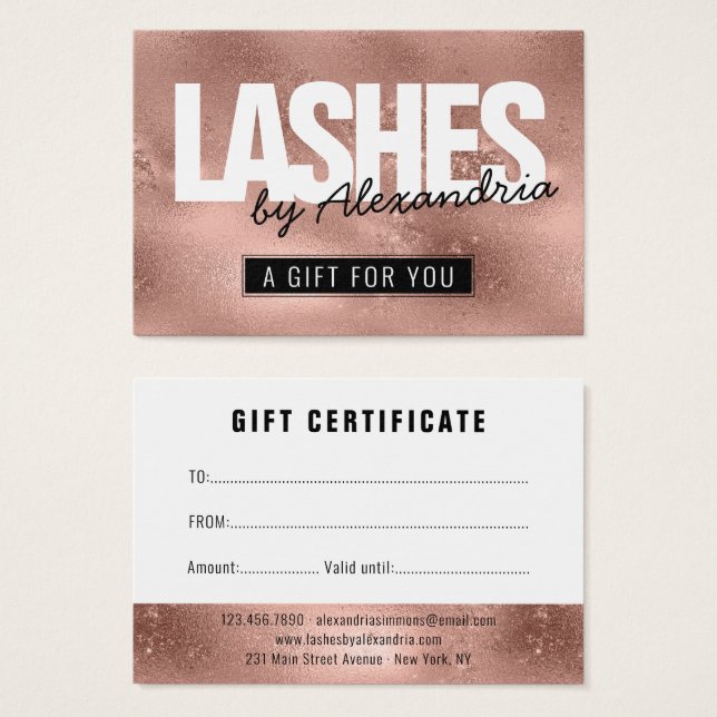 Lash Ro Guld Rosa Gnistra Gift Certificate Visitkort (Framsida & baksida)