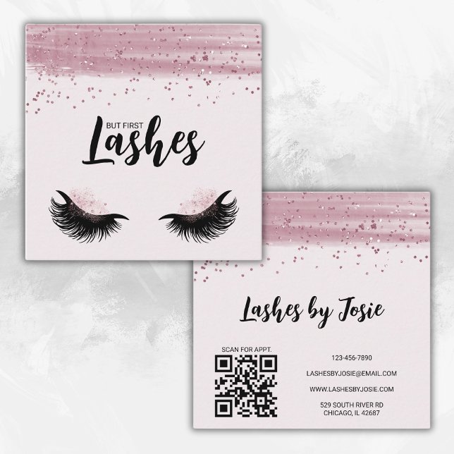 Lash Rosa Glitter Modern QR-kod Fyrkantigt Visitkort (Fully customizable, your business name or logo can be added to front.)