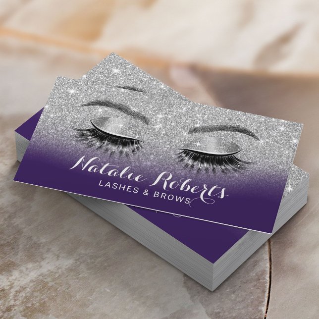 Lash &  Salon Modern Lila Silver Glitter Visitkort (Skapare uppladdad)