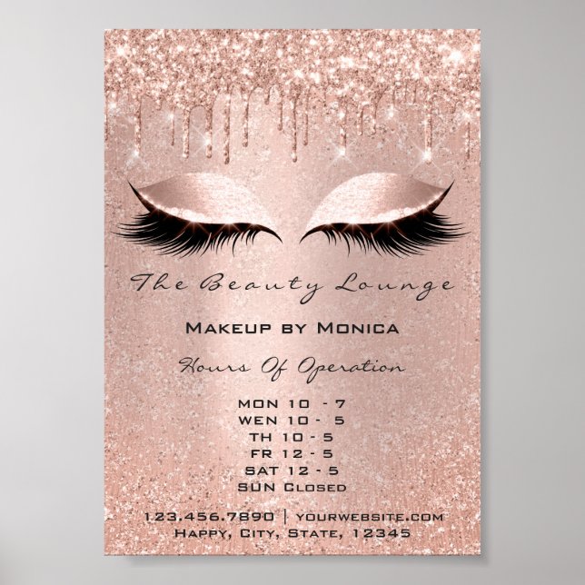 Lash Smink Öppettider Salon Rose Drips Glitter Poster (Framsidan)
