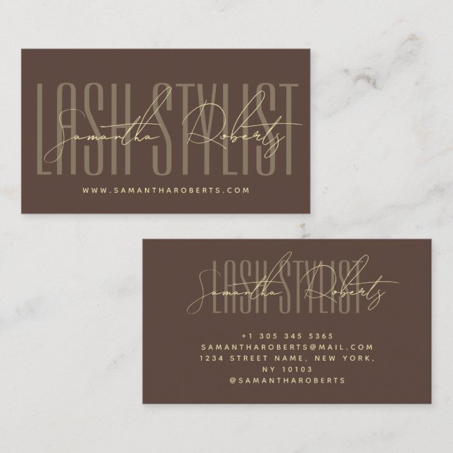 Lash stylist modern typography script brown visitkort (Fram/baksida)