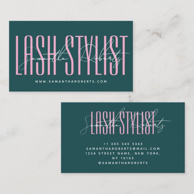 Lash stylist modern typography script green pink visitkort (Fram/baksida)