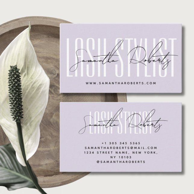 Lash stylist modern typography script lavender visitkort (Skapare uppladdad)