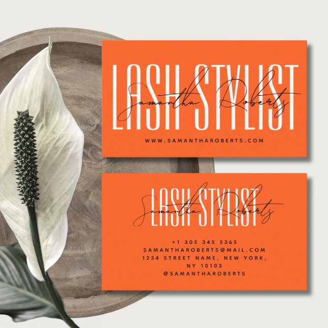 Lash stylist modern typography script neon orange visitkort (Skapare uppladdad)
