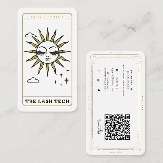Lash Tech Dramatic Sun Tarot Sociala Medier QR Visitkort (Fram/baksida)