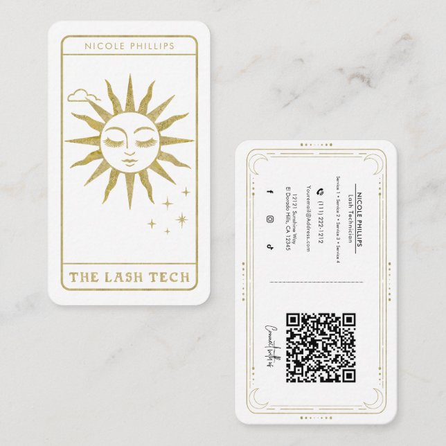 Lash Tech Golden Sol Tarot Social Media QR Visitkort (Fram/baksida)