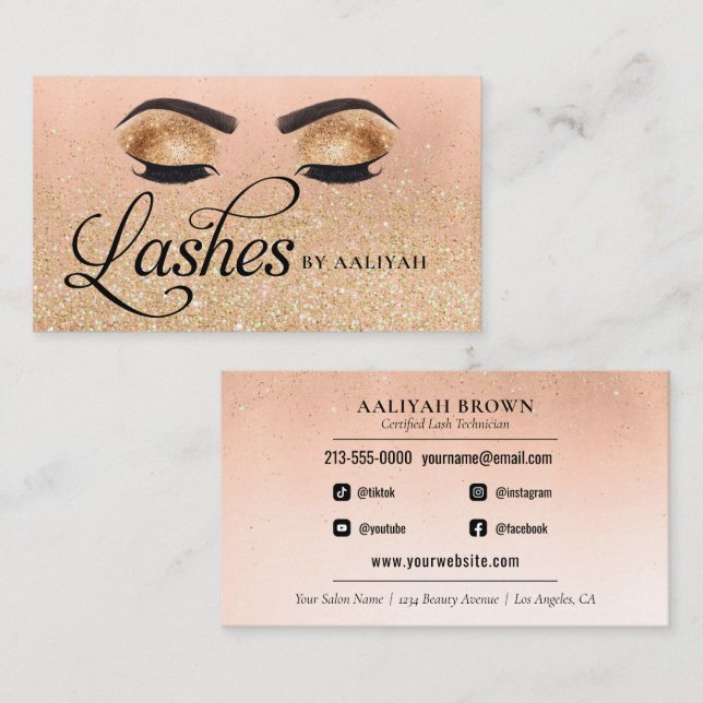Lash Tech Guld Glam Glitter Öga Beauty Salon Visitkort (Fram/baksida)