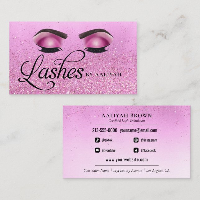 Lash Tech Rosa Glam Glitter Öga Luxury Salon Visitkort (Fram/baksida)