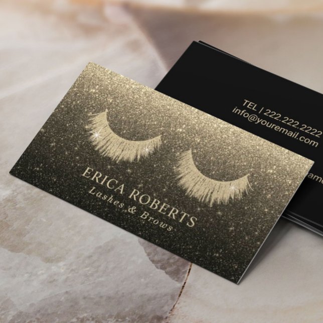 Lash Technician Modern Black & Guld Glitter Salon Visitkort (Skapare uppladdad)