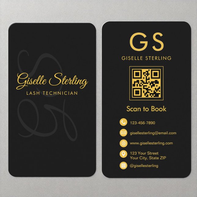 Lash Technician Monogram Black Guld QR Code Beauty Visitkort (Skapare uppladdad)