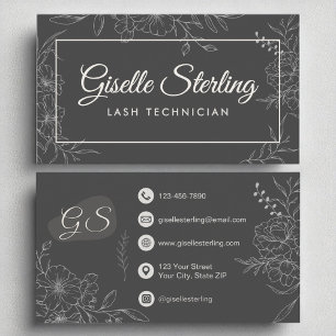 Lash Technician Moody Charcol Grått Blommigt Moder Visitkort