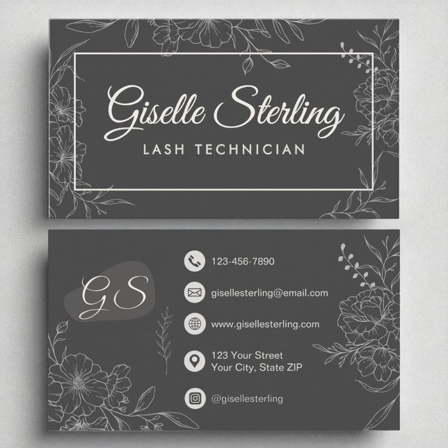 Lash Technician Moody Charcol Grått Blommigt Moder Visitkort (Skapare uppladdad)