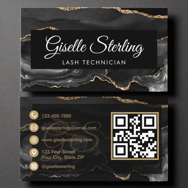 Lash Technician QR Code Black Guld Agate Luxury Visitkort (Skapare uppladdad)