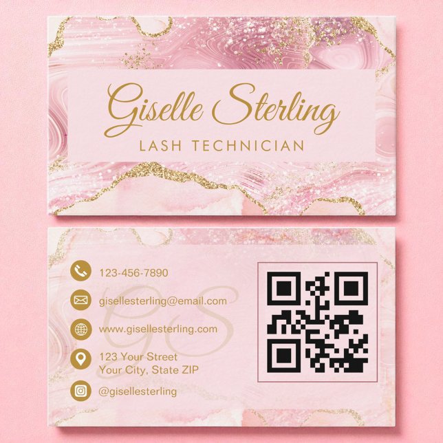 Lash Technician  Rosa Guld Agate QR-kod Visitkort (Skapare uppladdad)